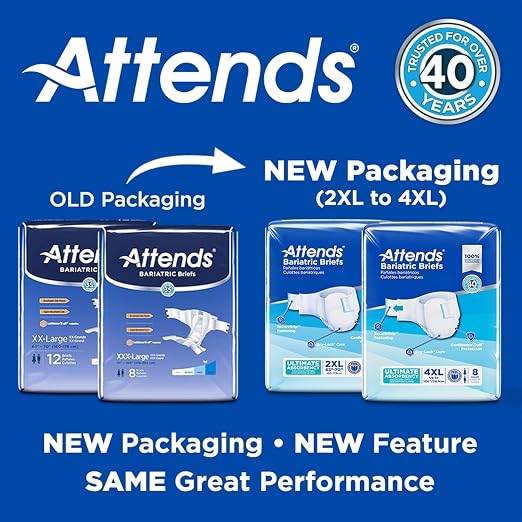 Attends Bariatric Disposable Briefs, 4X-Large, up to 106” Waist with Tab Closures, Ultimate Absorbency and Leakage Protection, 32ct Case