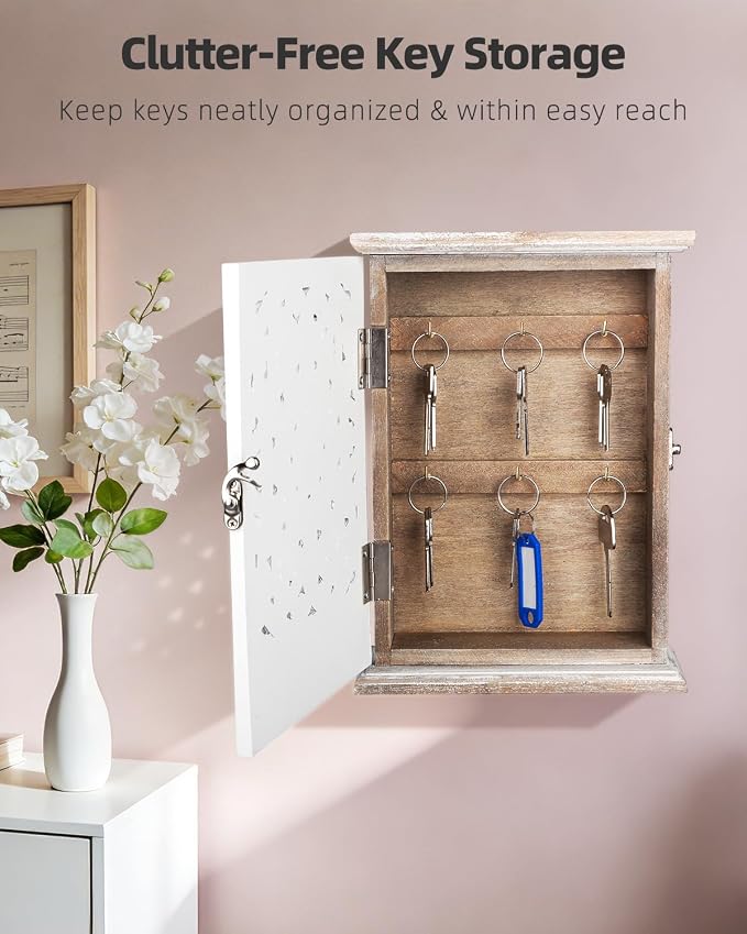 Uniclife Key Holder Wall Mount, Home Key Holder for Wall, Wooden Key Box Wall Mount, Small Wall Cabinet with Key Hooks, Key Hanger, Decorative Hanging Key Rack for Entryway & Office