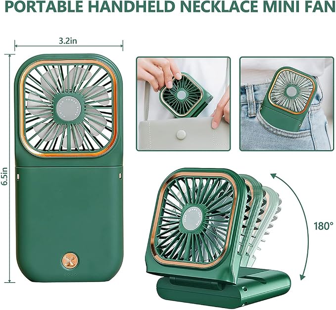 Portable Neck Fan Mini Quiet Handheld Personal Foldable USB Rechargeable Fan with Phone Holder founction for Home Office Outdoor Travel, Hands Free Necklace Fans