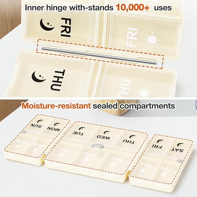 FYY Weekly Pill Organizer 2 Times a Day, Magnetic Travel Pill Box AM PM with Easy Open – 7-Day Daily Pill Case Medicine Organizer for Vitamins,Supplements - Beige