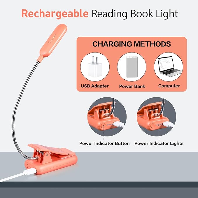 VAVOFO Rechargeable Book Light for Reading in Bed Kids, 7 LED Reading Light with 9-Level Warm Cool White Daylight, Eye Care Lamp with Power Indicator for Bookworms (Orange)