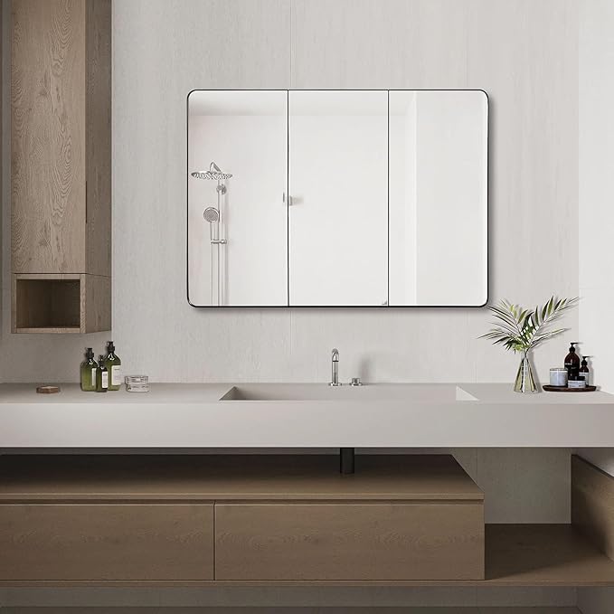 Bathroom Mirror Medicine Cabinet with Round Corner Framed Door 36 x 26 inch, Black，Recessed or Surface Mount, with Adjustable Glass Shelves