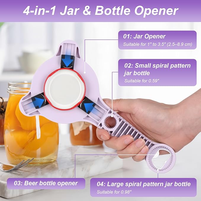 2026 Upgraded 4-in-1 Jar Opener for Seniors Adjustable | Stainless Steel Lid Opener with Handle, Includes Hook & storage bag , Can Opener for Arthritis and Weak Hands