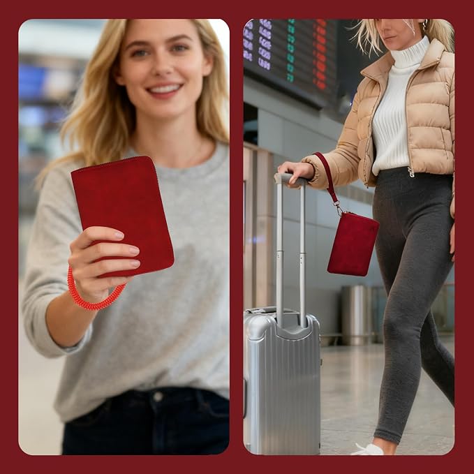 Passport Holder with Tether and Carabiner Clip to Prevent Loss and Theft, Rfid Passport Holder for Travel, Passport Cover, Wallet & Case for Men and Women (Red - Tether and Carabiner)