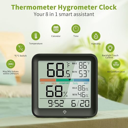 Indoor Digital Thermometer Hygrometer, Room Temperature Humidity Monitor | Accurate with Calibration, Backlight, Air Comfort Indicator, 24H Max Min Records, Time, Date (AAA Batteries Included)
