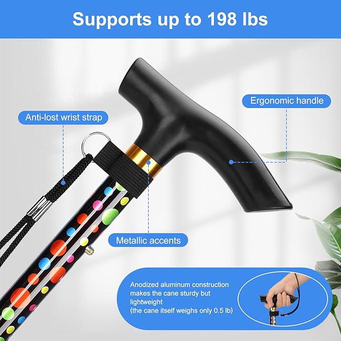 supregear Folding Cane, 5-Level Adjustable Height Walking Stick Lightweight Collapsible Portable Travel Cane with Wrist Strap and T Handle for Elderly Disabled Men Women