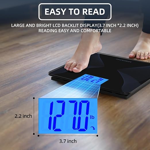 Scale for Body Weight 560lbs MPBEKING High Capacity Bathroom Scales Extra Large Platform Accurate Weighing Scale LCD Backlit Display with Tape Measure & 4 AAA Batteries (Black)