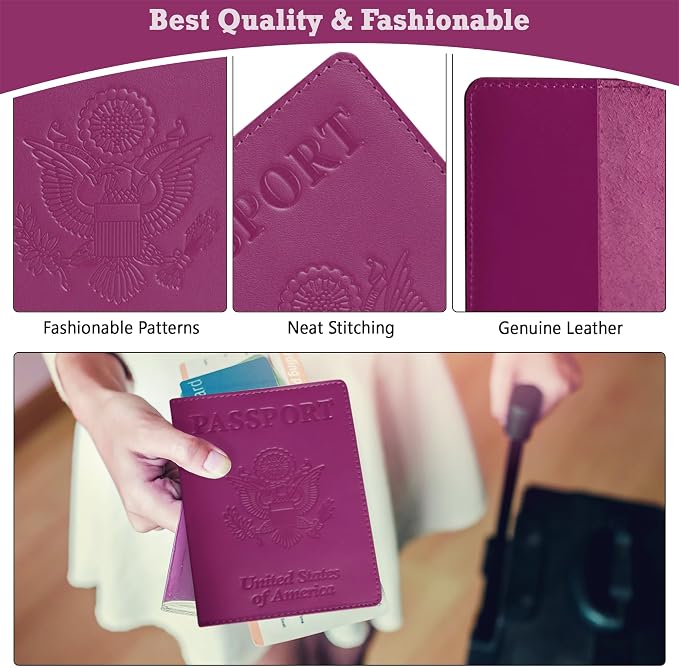 US Leather Passport Book Cover - Thin American Travel Passport Holder - Premium International USA Passport Protector Case for Women Men (Pink)