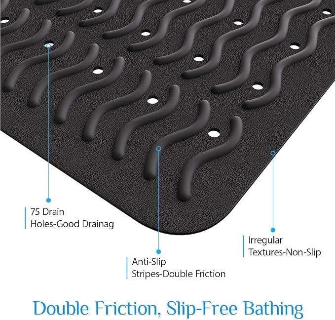 Non Slip Bathtub Mat & Shower Mat, 31x15'' Anti Slip Bath Mat for Tub, Soft TPE Anti-Skid Bathroom Mat with 194 Suction Cups & Drain Holes, Wave-Textured Grip, Machine Washable, Black