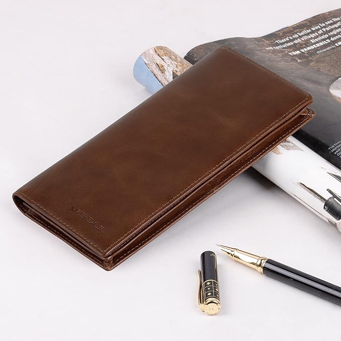 VISOUL Leather Checkbook Cover Wallet for Men with RFID Blocking, Mens Long Bifold Cash Tall Wallet with 11 Credit Card Slots 1 ID Window (Brown)