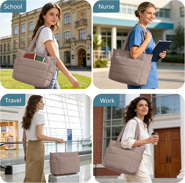 Puffer Tote Bag for Women Quilted Nurse Bag Lightweight Work Bag for Teacher Travel Handbag with Multiple Pockets