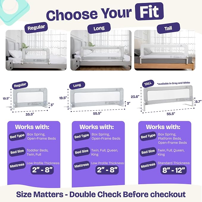 ComfyBumpy 1-Pack Bed Rail for Toddlers 35.5" L x 19.5" H | Toddler Bed Rails for Twin, Full & Toddler Bed Size | Swing Down Bed Rail Guard | Baby Bed Side Rail for Kids | Gray