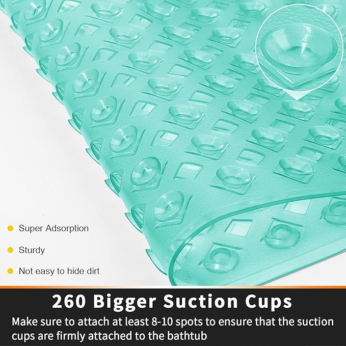 Yimobra Non Slip Bath Mat, Super Strong Suction Cups,34.5"x15.5"Long Tub Mat with Drain Holes, Machine Washable Fast Draining Shower Mats, Bathroom Essentials,Clear Green