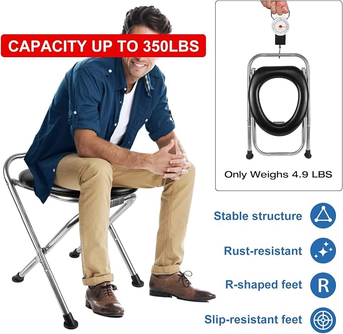 16.5"H Portable Toilet for Camping, 350LB Capacity Stainless Steel Folding Toilet with Soft Seat & Bags, Collapsible Design for RV, Hiking, Road Trips, Boating, Outdoor