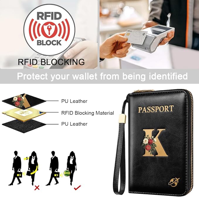 Passport Holder for Travel Personalized Wallet with Wristlet Women | Passport Cover, RFID Blocking, Passport Book Holders, Back Coin Pocket, Zipper Closure, Roses Initial Letter, Black K