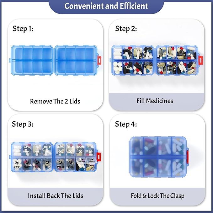 Foldable Weekly Pill Organizer 2 Times a Day with 2 Extra Compartments (Clear Printed Labels) - 7 Day AM PM Medicine Box, Week Daily Travel Pill Case Holder for Vitamin, Supplement - Clear Blue