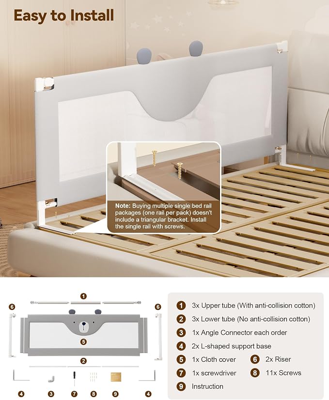 60” Baby Bed Rail Guard for Toddlers, Thickened Toddler Bed Rails for Queen | Height Adjustable, Extral Tall Child Safety Side Railing Guards/Bedrail for Kids,Grey Bear, 1 Side 60" Lx28 H