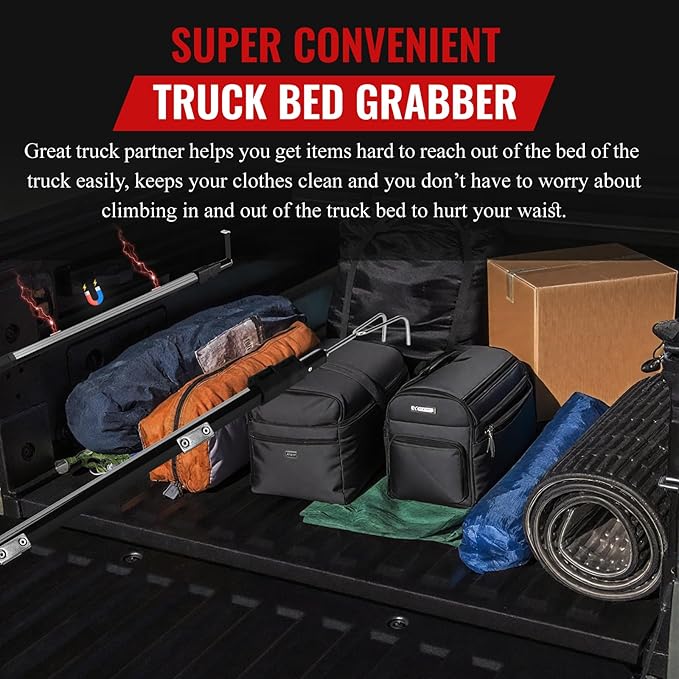 6.9 Ft Magnetically Mounted Truck Cargo Grabber Reach Tool, Lastest Telescoping Truck Bed Retriever Tool Magnetic, Multi-Use Pickup Truck Bed Accessories Truck Bed Reach Pole(2 Hooks 1 Mounted Plate)