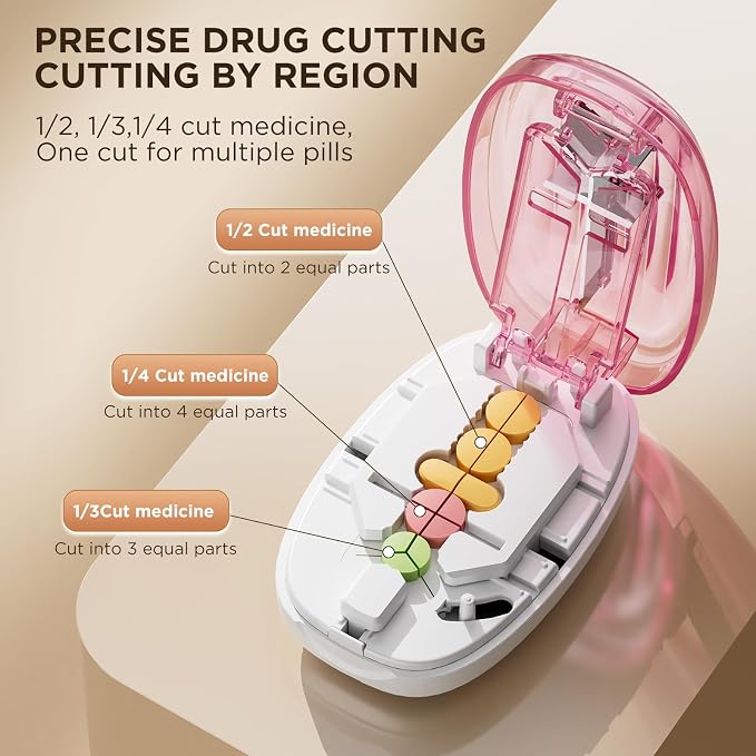 Pill Cutter Splitter for Small and Tiny Pills, 1/2 1/4 Pill Splitter for Small Pills,Tablets in Half or Quarters, Accurate and Easy Cutting, Stainless Steel Blade, Back Storage (Pink)