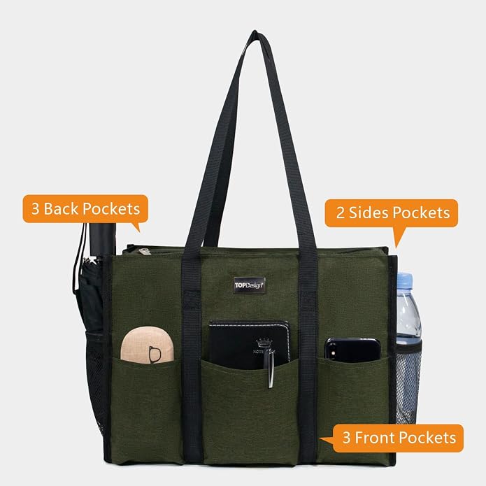 TOPDesign Utility Water Resistant Tote Bag with 13 Pockets, Top Zipper Closure & Thick Bottom Support, for Working Women