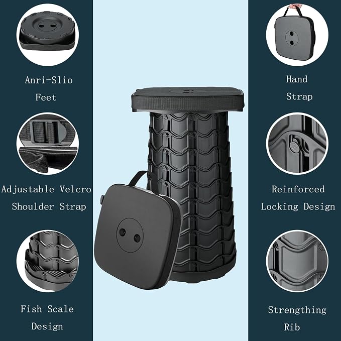 Upgraded Collapsible Stool Portable for Adults Heavy Duty, 620lbs Max Weight, Square Foldable Stool Thickened Telescoping Folding Seat for Camping Hiking, Outdoor, Travel(Square) (Black)