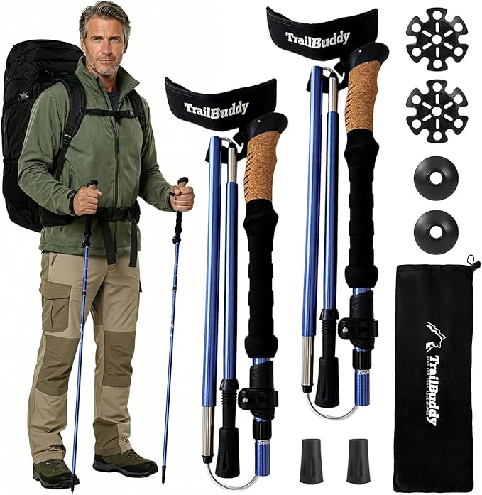 TrailBuddy Trekking Poles – Lightweight 7075 Aluminum Hiking Poles for Women, Men & Seniors – Collapsible or Foldable Walking Sticks for Travel, Trails & Balance
