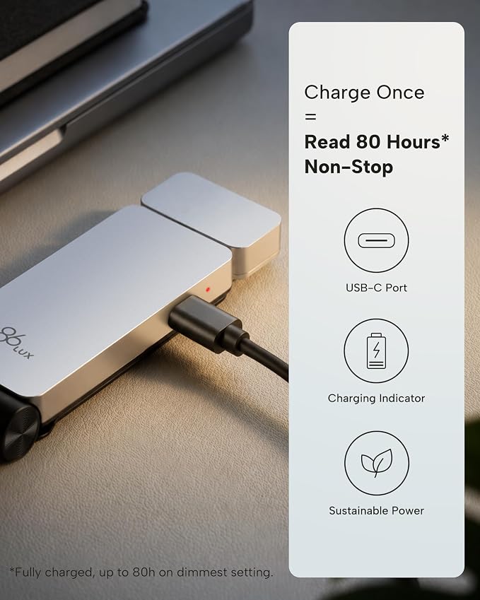 86lux Book Light, Rechargeable Clip-On LED Reading Light for Bed | 3 Color Temperatures with Stepless Dimming, Ultralight Bookmark Design for Book Lovers, Silver