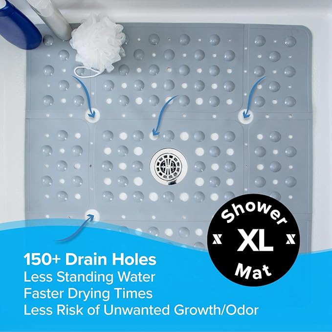 SlipX Solutions 27" Oversize Square Shower Mat, Non-Slip Mat for Elderly & Kids, 100+ Power Grip Suction Cups for Smooth Surfaces, Machine Washable, Solid Gray