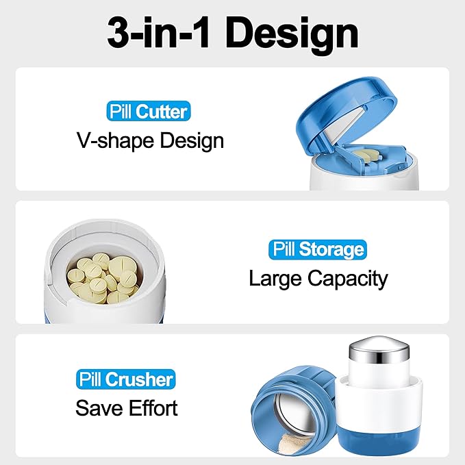 DUBSTAR 3-in-1 Pill Crusher Pill Grinder, Pill Crusher Fine Powder with Brush, Pill Crushers for Elderly with Pill Cutter and Storage, Pill Cutter Splitter for Small or Large Pills (Blue)