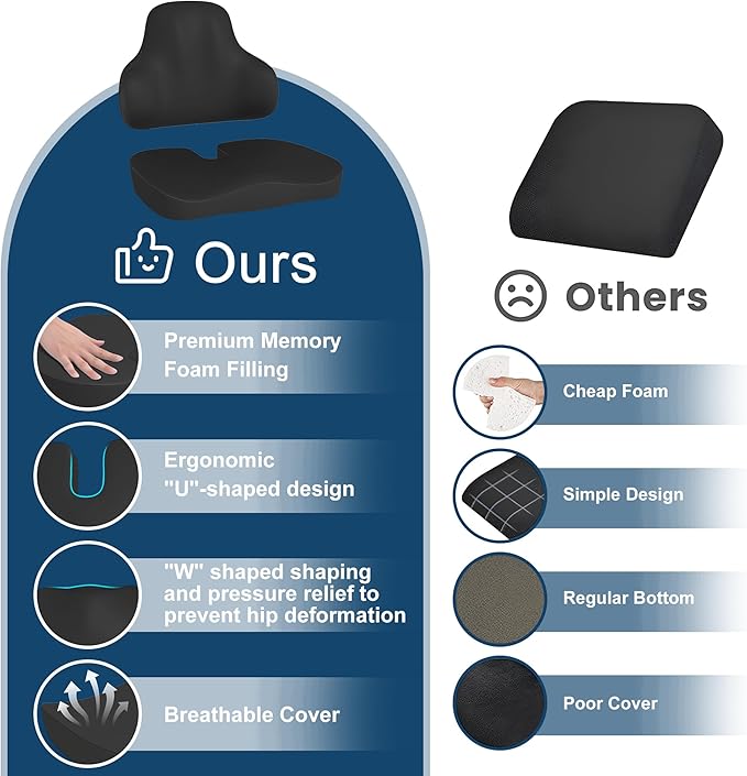 Cushion and Lumbar Support Pillow, Relief Pressure Seat Cusion for Office Chairs & Car Seat, Ergonomic Design Cusion for Tailbone Pain Relief, Sciatica & Back Support (Black, Lumbar&Cusion)