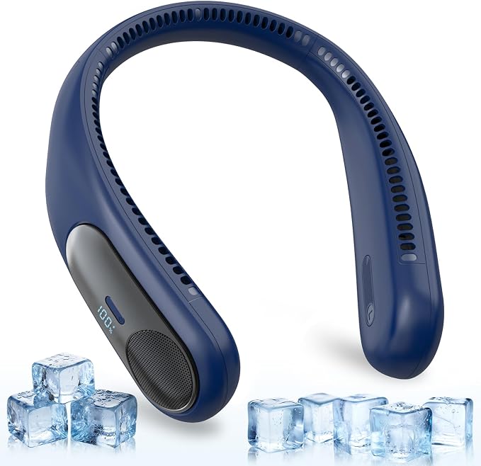 Portable Neck Fan, Personal Wearable Bladeless Fan for Outdoor Indoor, LED Display, 360° Cooling, 4-Speeds, 6000mAh USB Rechargeable, Birthday Gifts for Men Women Dad Mom (Blue)