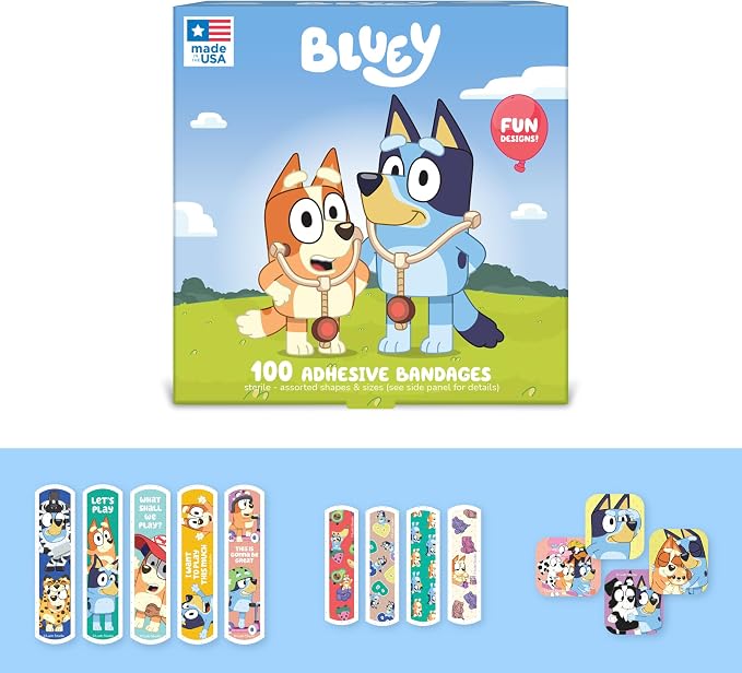 Dr. Bluey Kids Bandages, 3 Assorted Sizes 100 CT | Wear Like Stickers, Flexible Adhesive Bandages for Minor Cuts, Scrapes, and Burns. Great Gift idea for Kids