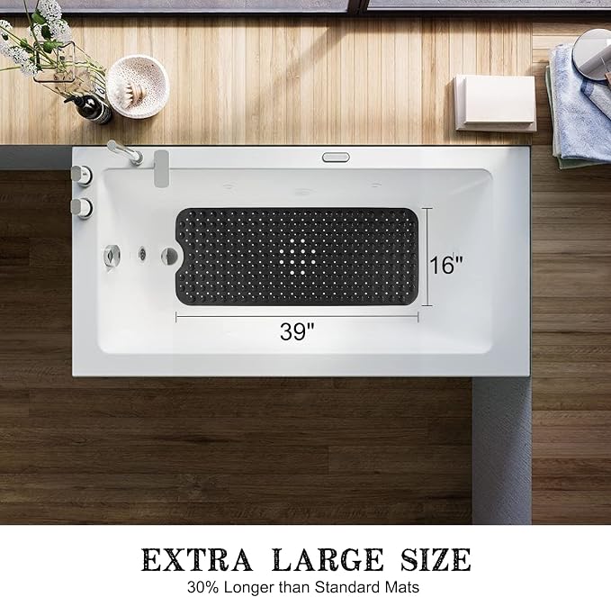 Bathtub and Shower Mats, Extra Long Non-Slip Bath Tub Mat 39 x 16 Inch, Machine Washable Bathmat with Suction Cups & Drain Holes for Bathroom Floor, Black