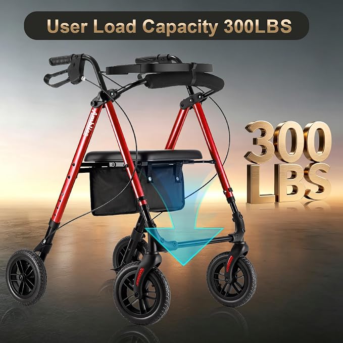 Foldable Rollator Walker for Seniors with Seat,4 Wheel Rolling Walkers | 300lbs walker with tray for Adults & Mobility Impaired|8" Airless Tires|Anti-tip brakes|Adjustable height|Tool-Free Assembly