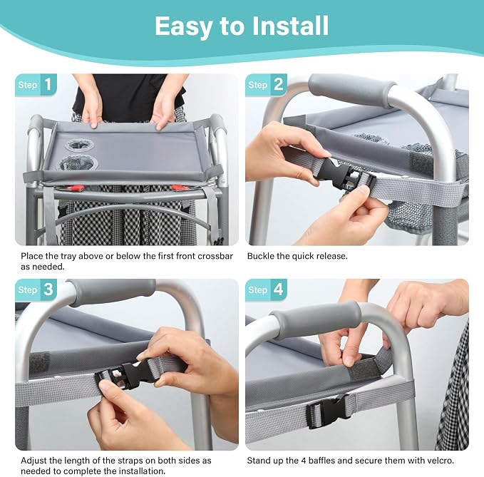 Detachable Walker Tray with Cup Holder, Rolling Folding Walker Accessory for Elderly, Gray Without Pockets with Baffles