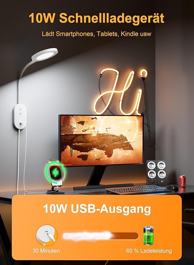 LED Wall Mounted Reading Light for Bed, Book Lights with CRI 95+ for Eye Care, Reading Lamps with 4 Color Modes 5 Dimmable, 10W USB Output Fast, Memory Function, 4 Hour Auto Off Bed Headboard Lamp