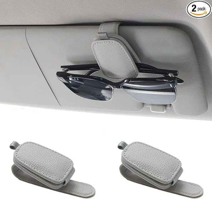 Yuoyar Magnetic Leather Sunglasses Holder for Car, 2 Packs (Silver Grey) | Magnetic Car Visor Accessories