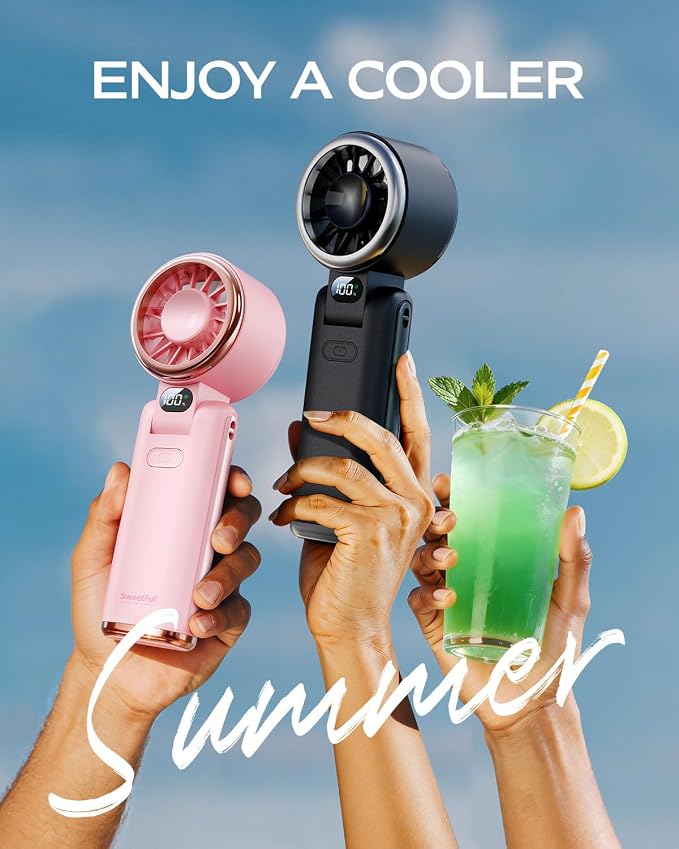 SWEETFULL Portable Handheld Turbo Fan - Portable Fans Rechargeable, 5000mAh, 180° Adjustable, 5 Speed Wind, Digital Display Electric Personal Hand Fan Quiet, Travel Essentials, Beach Vacation (Pink)