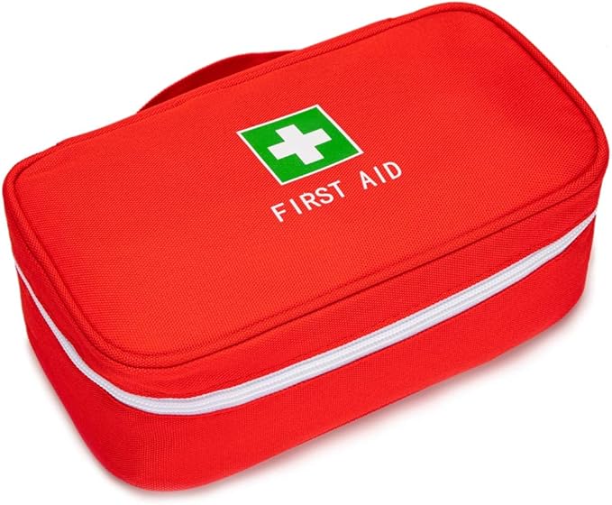 Jipemtra Red First Aid Bag Empty Travel Rescue Pouch First Responder Storage Medicine Emergency Bag for Car Home Office Kitchen Sport Outdoors (Red with Handle Green Print)