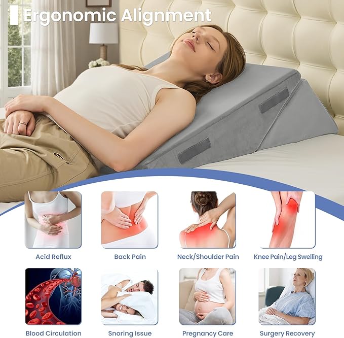 Sasttie Wedge Pillow for After Surgery, Adjustable Bed Wedge Pillow Headboard for Acid Reflux, Sleeping, Neck & Back Support, with Removable Cover, Light Grey & Velvet