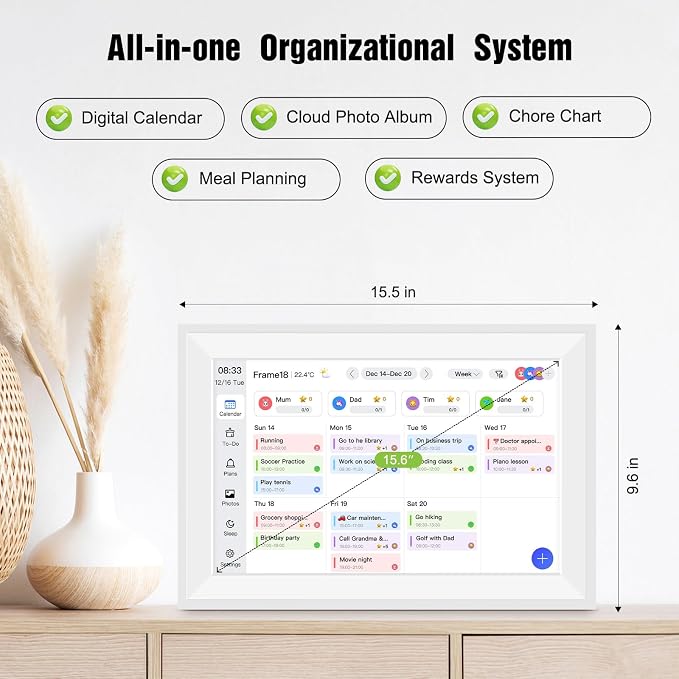 15.6" Smart Digital Wall Calendar Interactive Display for Family Schedules Wall Planner with Chore Charts Meal Planning Task Rewards 64GB Storage 1920x1080P IPS Touchscreen Digital Picture Frame White