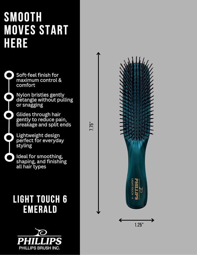 Phillips Brush Light Touch 6 Detangling Hair Brush, Full Size Emerald Green | Flexible Nylon Bristles, Gentle Detangling & Smoothing for All Hair Types, 7.75 Inch Daily Use Hairbrush
