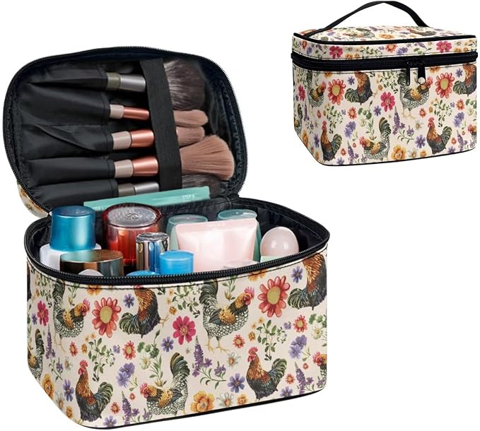 Countryside Chicken Floral Makeup Bag Women Travel Cosmetic Bag for Women, Rooster Flowers Print Large Capacity Portable Toiletry Bags with Handle