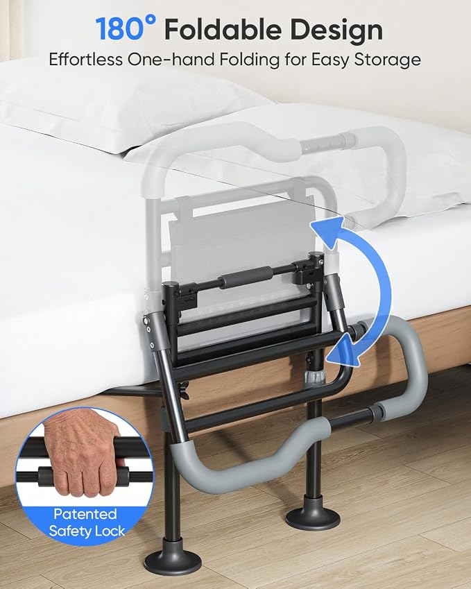 Bed Rails for Elderly Adults Safety, Foldable Bed Rail with Non-Slip Handle | Adjustable Height & Width, 350LBS Load, Large Suction Feet, Motion Sensor Light & Storage Bag, Fits 7"-13" Mattress