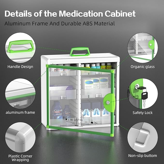 Glosen Lockable Medicine Cabinet with 6 Removable Trays, Wall Mounted & Portable Locking Medicine Cabinet Organizer with Key Lock for Home, Bathroom, Office - Aluminum Frame(15.63 * 6.5 * 15.43Inch)