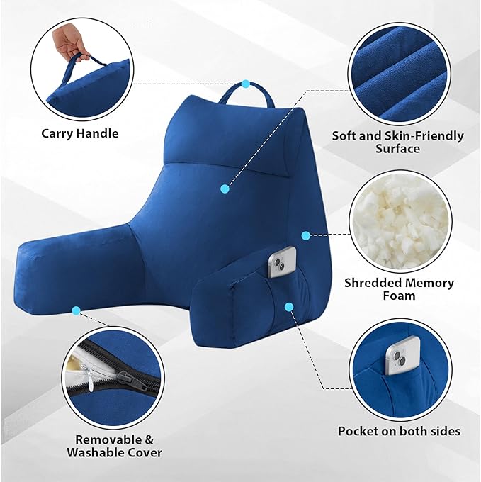 Reading Pillow with Arms for Adults, Back Pillow for Bed Sitting Up, Shredded Memory Foam Backrest Pillow with Pockets & Removable Washable Cover, Lounging, Watching TV, Reading(20inch Navy)