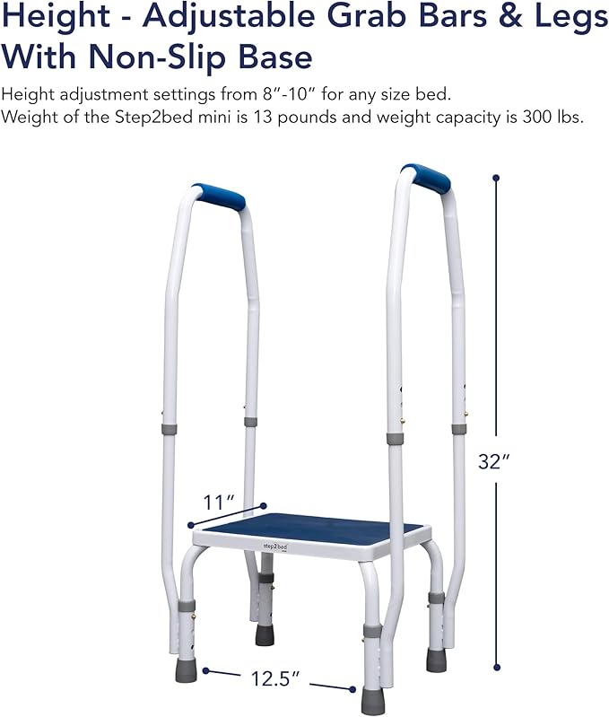 step2bed Mini Step Stool with Handle for Elderly - Adjustable Height Bed Safety Rail for Seniors with Handicap Grab Bars - Stainless Steel Portable Step Stool for Bed (300 LBS Capacity)