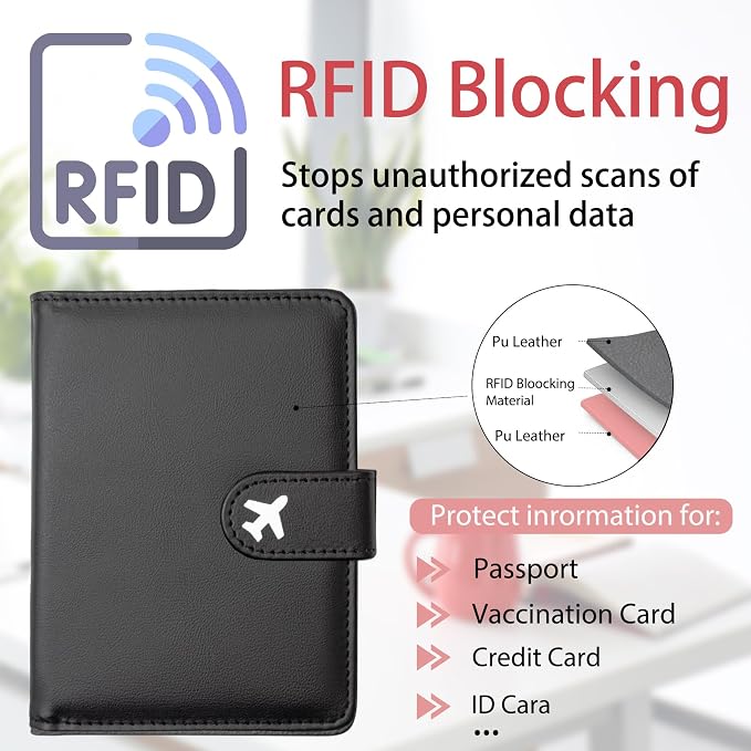 Passport Holder, Cute Travel Wallet Cover with RFID Blocking,Black | PU leather travel wallet with magnetic closure, card slots, pen loop, and easy access for passports and essentials.