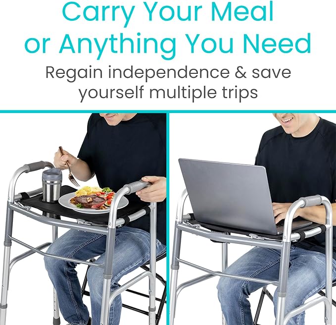 Vive Walker Tray for Folding Walker - (w/Cup Holder) - Adult Mobility | Accessories - Fits Standard Walkers - Medical Table for Seniors Non Slip Mat for Food - Removable & Easy Assembly (Black)