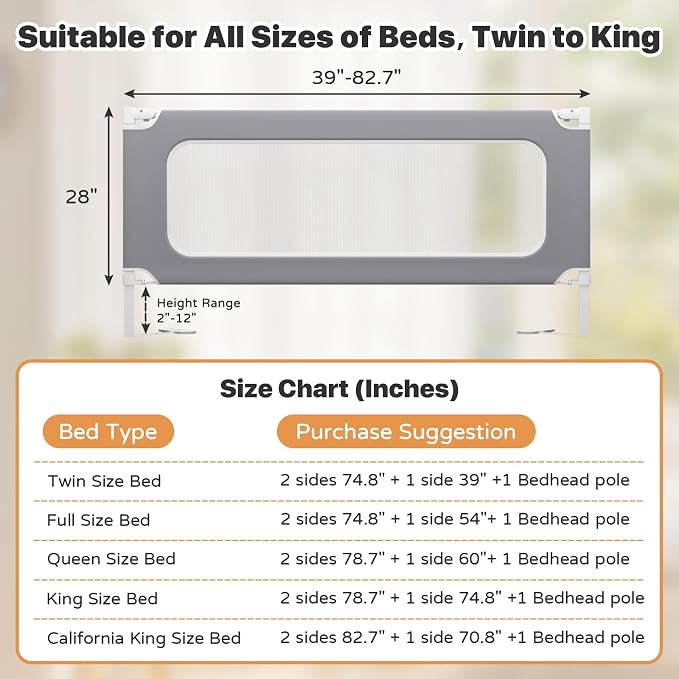 MagicFox 3 Piece Queen Size Bed Rail for Toddlers,Upgraded Height Adjustable Baby Bed Rail Guard, Thickened Child Safety Bed Rails for Queen Size Beds (78.7"x78.7"x60" Gray)